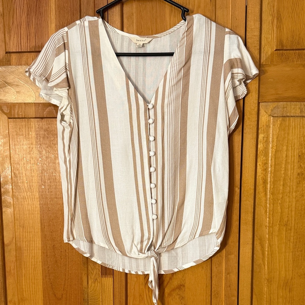 Sim & Sam Striped V-Neck Button-Down Top